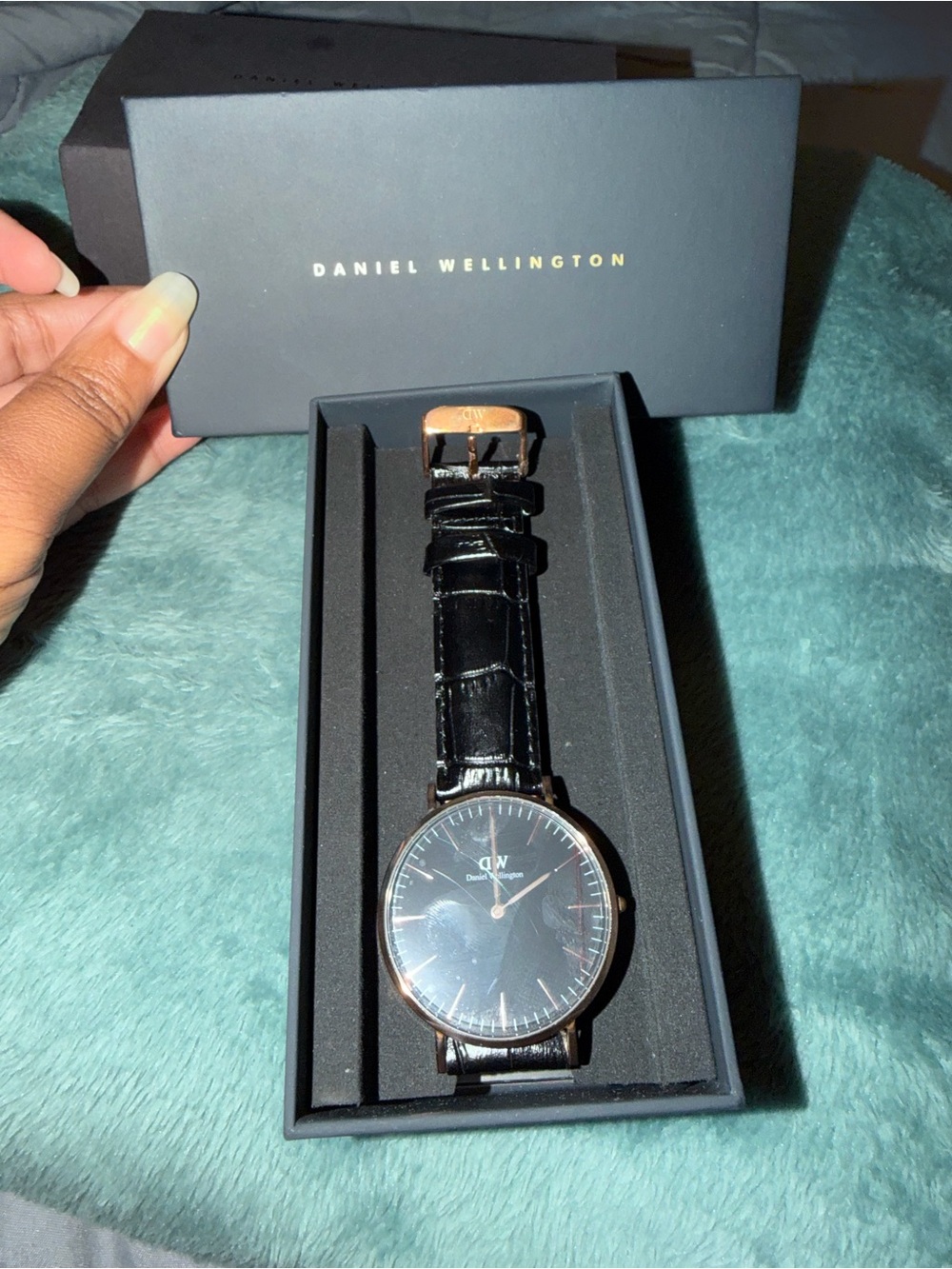 Daniel Wellington Black Dial Watch with Rose Gold Case and Black Leather Strap